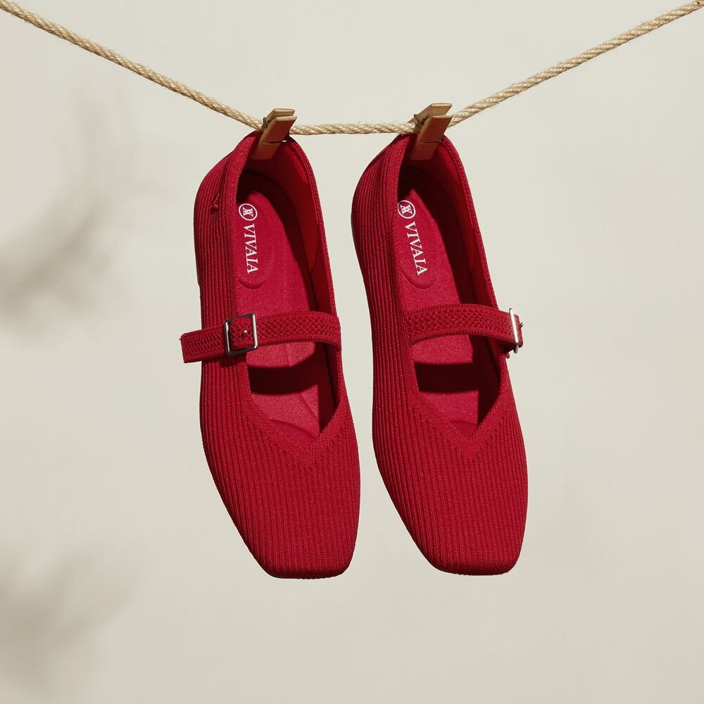 VIVAIA New Red Square Toe Mary Jane Ballet Flats Sz 37.5 US 7